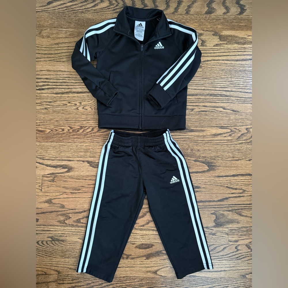 Adidas Black Tracksuit with white Stripes, 3T